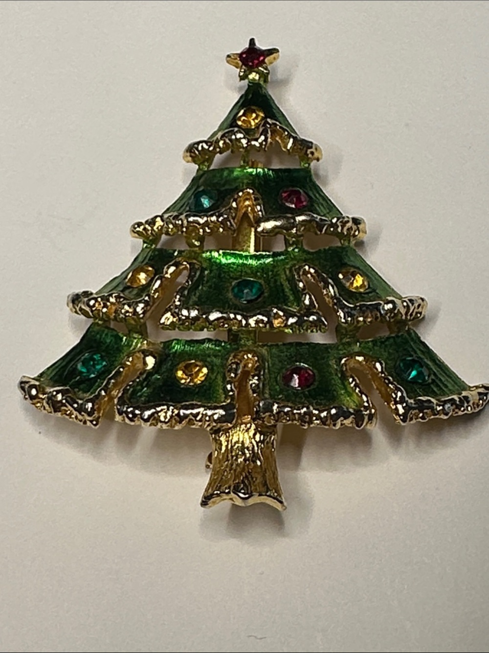 Weiss Green Enamel Festive Christmas Tree Brooch/Pin-2” x 1 7/8”